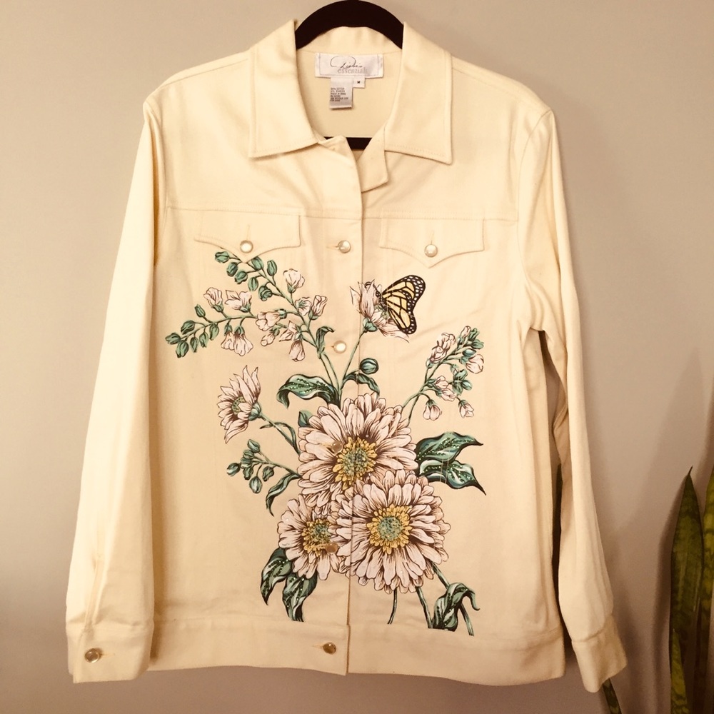 Diane Gilman Butterfly floral yellow buttercream denim jacket Medium
